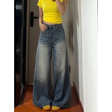 批发潮酷抓痕设计高级感水洗复古蓝阔腿牛仔<b class='q'>裤</b>女春季高腰宽松显瘦垂感