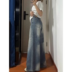 批发复古蓝水洗阔腿牛仔<b class='q'>裤</b>女春日胖妹妹mm高腰垂感显瘦显高阔腿牛仔<b class='q'>裤</b>