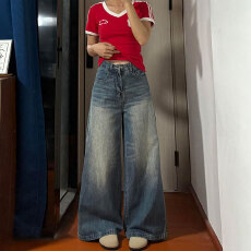 批发大码阔腿牛仔<b class='q'>裤</b>女2026年春季高腰宽松潮流胖mm显瘦阔<b class='q'>腿</b>直筒长<b class='q'>裤</b>子