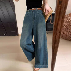 批发复古蓝时尚设计感口袋阔腿牛仔<b class='q'>裤</b>女2026春季高腰宽松显瘦垂感长<b class='q'>裤</b>