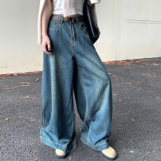 批发简约韩式宽松阔腿牛仔<b class='q'>裤</b>女春季小个子百搭高腰显瘦垂感拖地牛仔<b class='q'>裤</b>