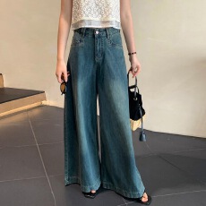 批发复古蓝高级感阔腿牛仔<b class='q'>裤</b>女春季高个子高腰显瘦美式复古直筒拖地<b class='q'>裤</b>