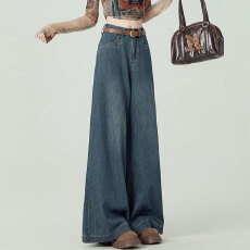 批发复古蓝高腰阔腿牛仔<b class='q'>裤</b>女春季宽松显瘦休闲大<b class='q'>裤</b>脚慵懒感拖地长<b class='q'>裤</b>子
