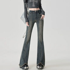 批发水泥灰修身外穿毛边微喇牛仔<b class='q'>裤</b>女春季胖妹妹mm高腰显瘦提臀显腿长