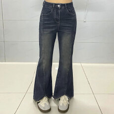 批发春日爆款大码毛边开叉微喇牛仔<b class='q'>裤</b>女设计感易搭胖mm修身显瘦阔腿<b class='q'>裤</b>