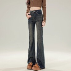 批发小众毛边裤脚牛仔裤女2026年春日高腰显瘦设计感开叉做旧喇叭长裤