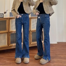 批发气质显瘦梨型百搭高弹<b class='q'>牛仔裤</b>时尚学生女舒适休闲直筒开叉微喇大码