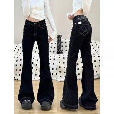 批发水洗简约显瘦刺绣黑色微喇叭<b class='q'>牛仔裤</b>女春季高腰<b class='q'>弹力</b>直筒马蹄拖地裤