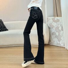 批发2026口袋刺绣高街vibe微喇<b class='q'>牛仔裤</b>女春日款高腰<b class='q'>弹力</b>修身显瘦马蹄裤