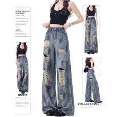 批发小众做旧破洞牛仔<b class='q'>裤</b>女2026夏季<b class='q'>欧美</b>式高街复古直筒宽松休闲阔腿<b class='q'>裤</b>