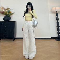 批发白色韩系波点阔腿<b class='q'>牛仔裤</b>女2026年夏高腰显瘦宽松休闲直筒拖地裤