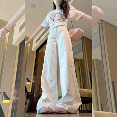 批发高腰收腹白色波点刺绣<b class='q'>牛仔裤</b>女夏季遮腿粗显瘦直筒拖地阔腿裤子