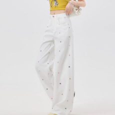 批发白色波点阔腿<b class='q'>牛仔裤</b>女夏气质甜酷风高腰显瘦时尚潮流直筒拖地裤