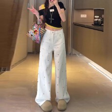 批发白色花朵刺绣直筒<b class='q'>牛仔裤</b>女夏高腰显瘦显高宽松直筒阔腿拖地长裤