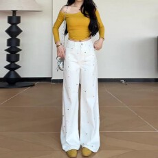 批发小花刺绣白色直筒<b class='q'>牛仔裤</b>子女2026年夏季时髦高腰显瘦阔腿<b class='q'>牛仔裤</b>