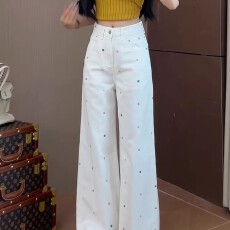 批发百搭白色设计感2026夏季女高腰显瘦彩色花朵刺绣宽松直筒拖地长裤