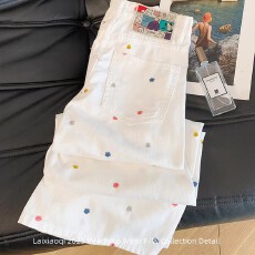 批发百搭白色设计感2026夏季女高腰显瘦彩色花朵刺绣宽松直筒拖地长裤