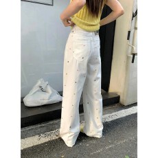 批发美式多巴胺花朵刺绣<b class='q'>牛仔裤</b>女2026新款夏日高腰白色阔腿拖地长裤