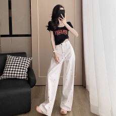 批发夏日微胖MM时尚穿搭小众花朵刺绣阔腿牛仔长裤女高腰遮胯宽松显瘦