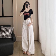 批发高级感白色阔腿<b class='q'>牛仔裤</b>女夏季2026新款高腰宽松高个子显瘦直筒裤