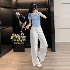 批发高腰阔腿牛仔长裤女2026年夏季新款刺绣设计感显瘦垂感宽松直筒裤
