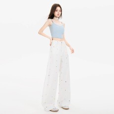 批发梨形胖妹妹通勤外穿时髦个性彩色小碎花刺绣显瘦阔腿牛仔长裤女夏