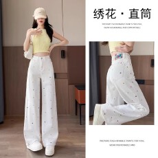 批发彩色小碎花刺绣白色高腰阔腿<b class='q'>牛仔裤</b>女夏季宽松高腰设计感阔腿裤
