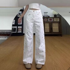 批发潮流花朵刺绣白色<b class='q'>牛仔裤</b>女夏季阔腿牛仔宽松高腰设计感拖地长裤