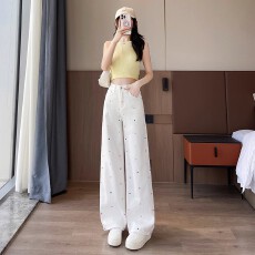 批发个性潮酷白色碎花刺绣直筒<b class='q'>牛仔裤</b>女夏季高腰宽松显瘦垂感阔腿裤