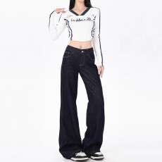 批发复古高腰辣妹宽松喇叭裤女夏季舒适时尚高街百搭显瘦垂感牛仔裤潮