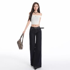 批发松弛感遮肚舒适休闲长裤辣妹深蓝色牛仔裤女夏季高腰宽松垂感长裤