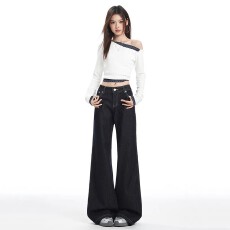 批发2026年夏季外穿宽松美式深蓝色微喇牛仔裤女设计感百搭显瘦马蹄裤