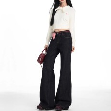 批发深蓝色美式牛仔裤女夏季潮款2026外穿高腰显瘦微喇垂感复古牛仔裤
