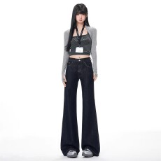 批发深蓝色微喇舒适宽松牛仔长裤女2026夏季高腰宽松显瘦微喇牛仔长裤