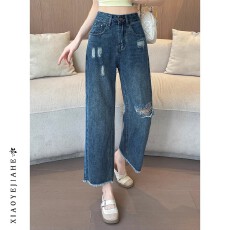 批发夏季九分<b class='q'>牛仔裤</b>破洞设计流苏裤脚<b class='q'>牛仔裤</b>女直筒毛边阔腿裤子小个子