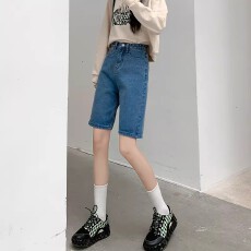 批发休闲学生夏日外穿简约百搭五分<b class='q'>牛仔</b>裤宽松复古百搭直筒裤潮流五分