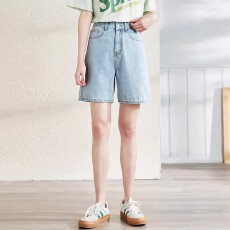 批发怀旧甜酷高腰<b class='q'>牛仔</b><b class='q'>短裤</b><b class='q'>女</b>潮款梨形身材小个子a字五分直筒裤学生夏
