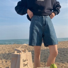 批发韩式百搭纯色五分<b class='q'>牛仔</b><b class='q'>短裤</b>夏季简约时髦高腰宽松遮胯五分短<b class='q'>牛仔</b>裤