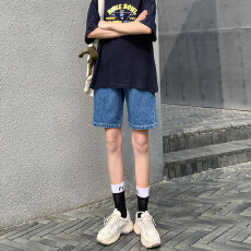批发设计感简约时尚高腰<b class='q'>牛仔</b>裤夏新款显瘦宽松百搭学生直筒阔腿五分裤