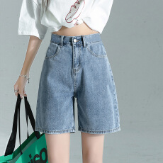 批发百搭复古蓝休闲<b class='q'>牛仔</b><b class='q'>短裤</b><b class='q'>女</b>夏薄款中裤大码胖mm宽松直筒阔腿五分裤
