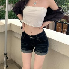 批发夏日新款<b class='q'>时尚</b>潮流美式高腰修身牛仔裤女2025辣妹修身显瘦短牛仔裤