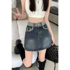 批发个性胖mm拼接毛边设计感高腰牛仔半身裙女新款直筒显瘦A字牛仔裙