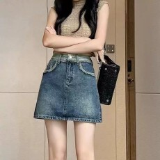 批发复古毛边牛仔短裙女休闲风水洗提臀高腰辣妹牛仔裙a字半身裙<b class='q'>夏</b>季