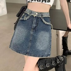 批发别致小众舒适显高复古毛边牛仔短裙女<b class='q'>夏</b>季高腰显瘦裙子a字半身裙