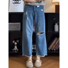 批发2026年高街风破洞毛边阔脚阔腿牛仔裤女小个子胖mm显瘦九分直筒裤