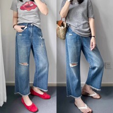 批发学生蓝色显腿长破洞<b class='q'>牛仔裤</b>女春秋新款直筒裤小个子高腰显瘦阔腿裤