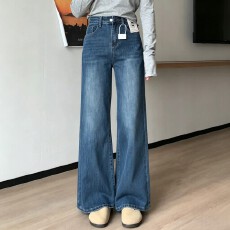 批发复古蓝微喇牛仔裤秋季<b class='q'>大码</b>胖mm修饰腿型梨形身材遮胯百搭长裤