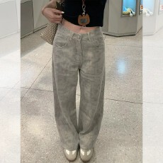 批发梨形身材<b class='q'>胖</b><b class='q'>MM</b><b class='q'>复古</b>做旧扎染色牛仔裤高腰阔腿拖地感宽松显瘦长裤
