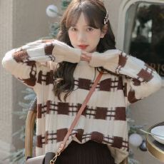 批发韩系秋季新款<b class='q'>棋盘</b><b class='q'>格</b>chic毛衣复古时尚日系学院慵懒针织衫上衣女