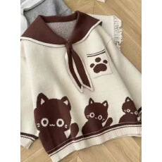 批发海军领学院风可爱小猫套头毛衣女宽松外穿春秋冬2025新 绵羊绒